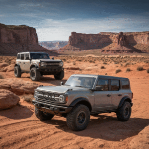Ford Bronco 2026 off-road new models in dramatic desert landscape, showcasing Big Bend, Black Diamond, and Badlands Sasquatch editions, professional lighting