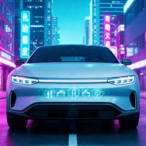An electric car front with a digital grille communicating with pedestrians, vibrant cyan and magenta lighting, futuristic city background, high-tech vehicle design, modern lighting animations.