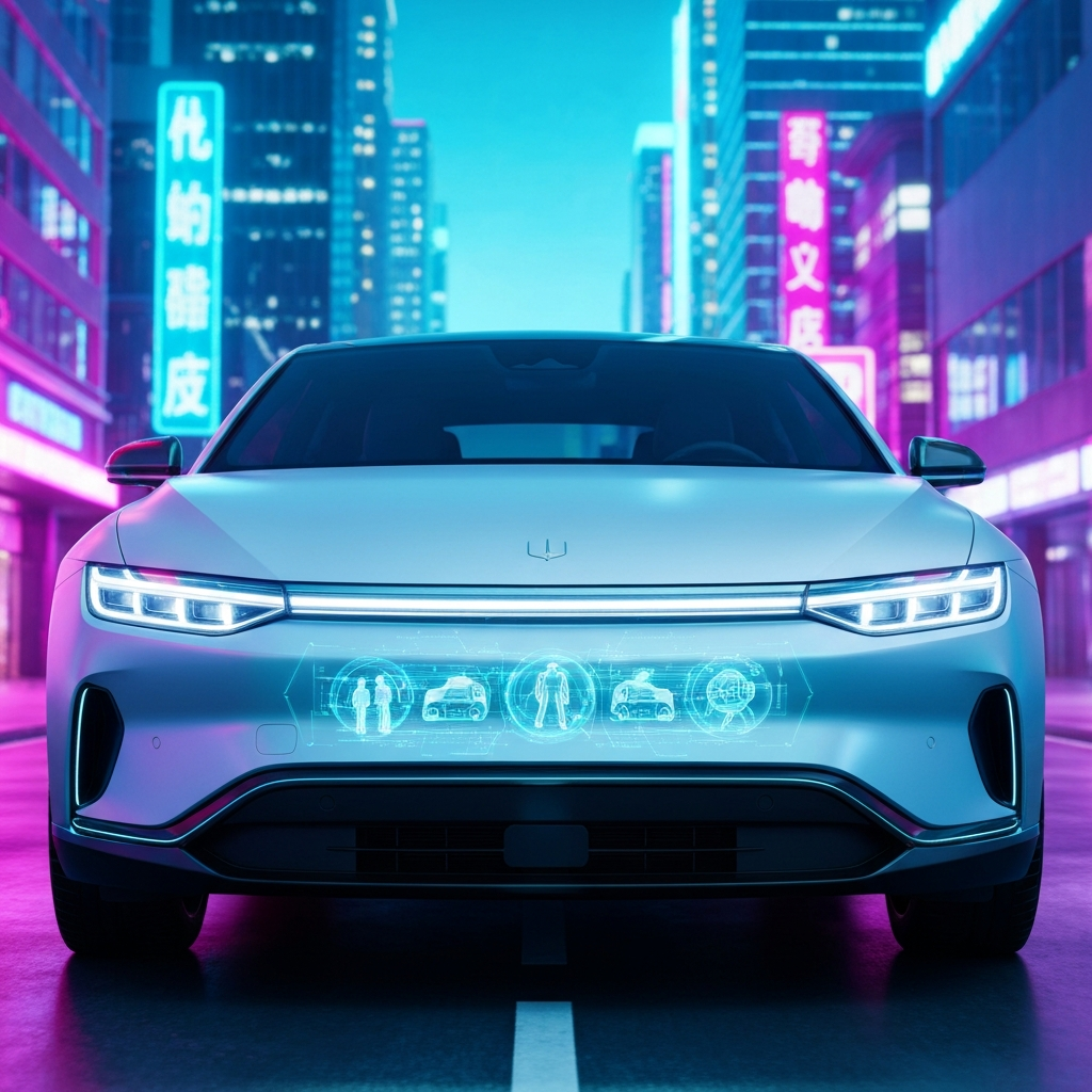 An electric car front with a digital grille communicating with pedestrians, vibrant cyan and magenta lighting, futuristic city background, high-tech vehicle design, modern lighting animations.