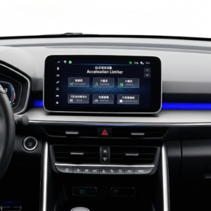 A Chinese electric car dashboard, showing an acceleration limiter and a settings screen in a sleek modern interior, hinting at regulatory changes