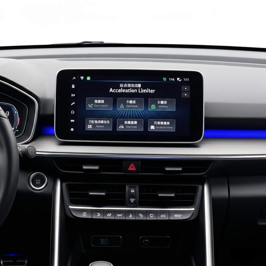 A Chinese electric car dashboard, showing an acceleration limiter and a settings screen in a sleek modern interior, hinting at regulatory changes