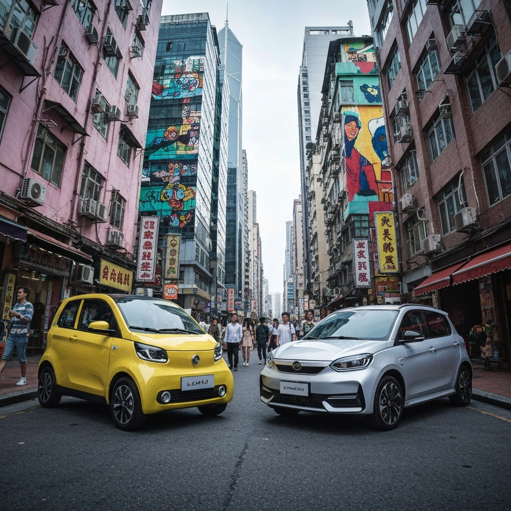 A compact, colorful electric city car (Livan Smurf) facing off against a stylish BYD Dolphin Mini, both set in a vibrant Asian urban setting, with clear emphasis on their design details and size difference.