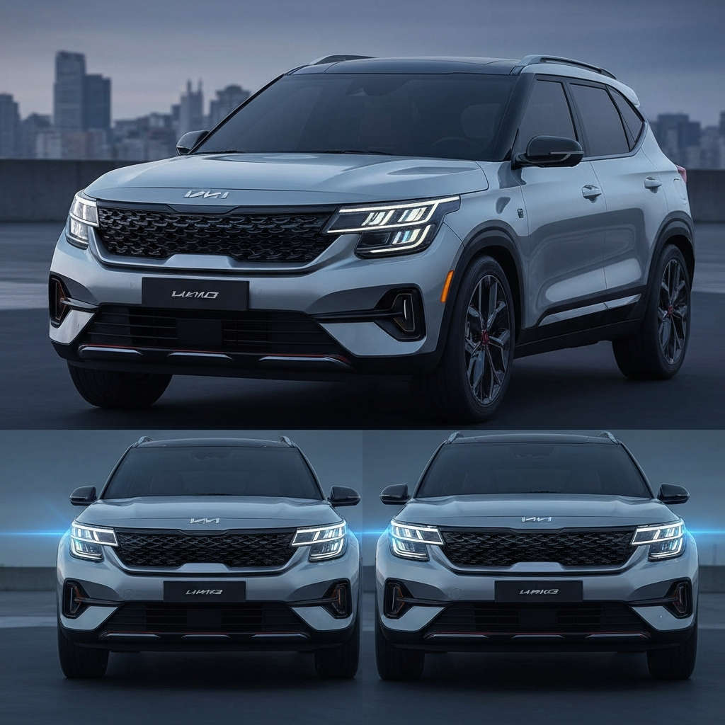 Kia Seltos 2026 global model, dynamic SUV, modern hybrid car, sharp lighting signature, advanced technology, teaser images, Opposites United design