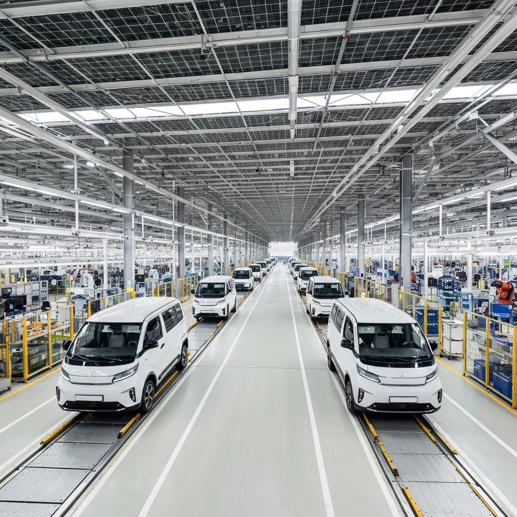 Kia electric commercial vehicles factory, modern plant in Hwaseong, South Korea, with assembly lines and futuristic vehicles, eco-friendly, high-tech atmosphere