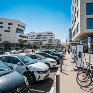 Modern electric vehicle charging station in Israel, cars plugged, urban background, sunny, high detail, editorial style