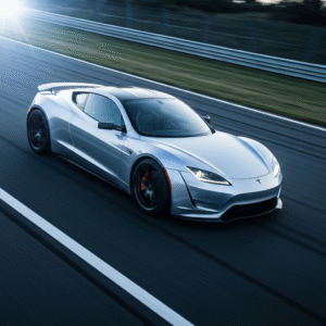 A futuristic electric Tesla Roadster sports car accelerating on a racetrack, sleek design, dramatic lighting, emphasizing speed and innovation, hyper-realistic style