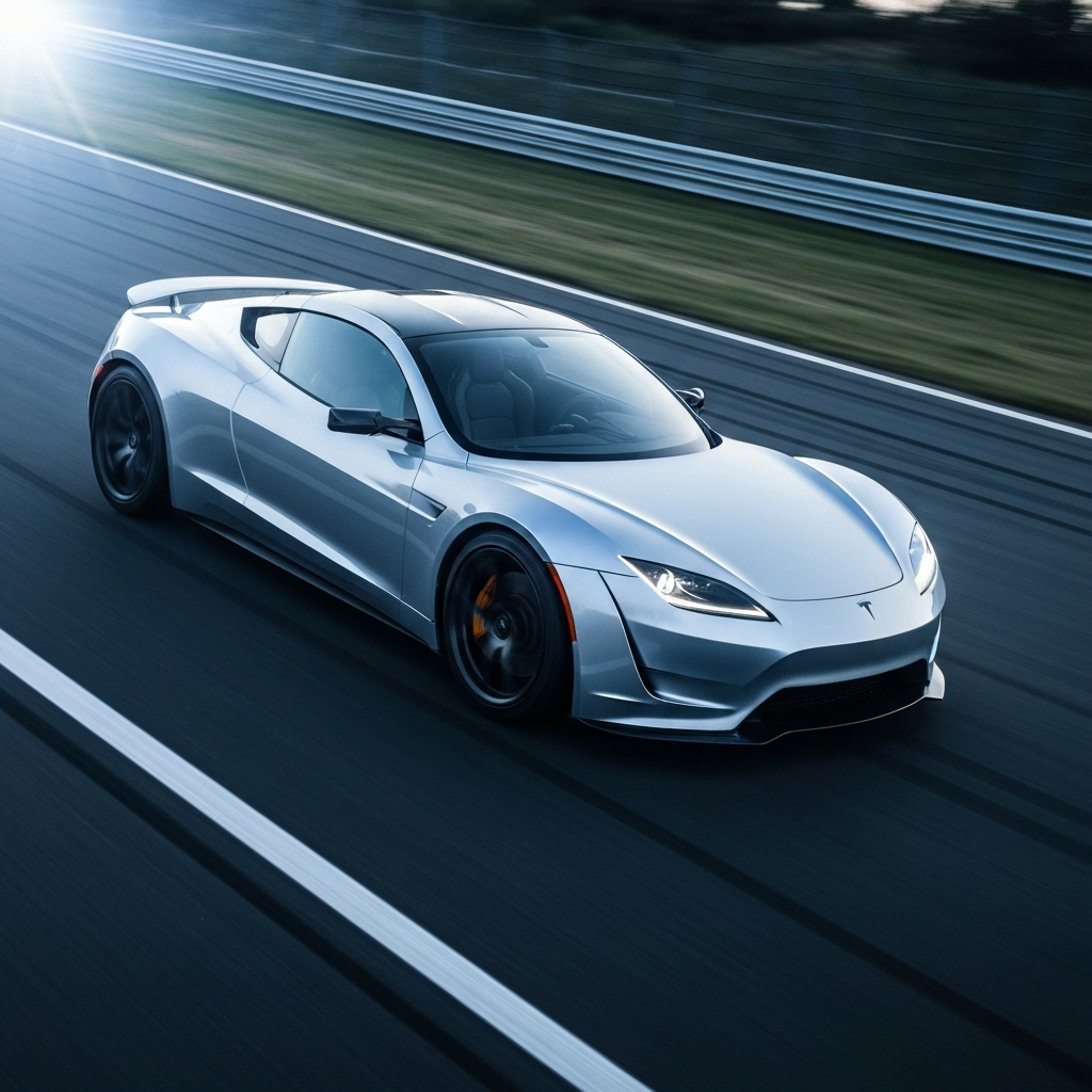 A futuristic electric Tesla Roadster sports car accelerating on a racetrack, sleek design, dramatic lighting, emphasizing speed and innovation, hyper-realistic style