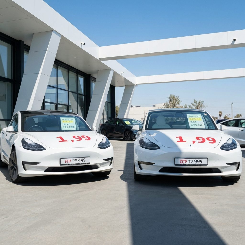 A dynamic photo of a Tesla Model 3 and Model Y in Israel, with price tags showing decreased prices, modern background, competitive automotive market atmosphere.