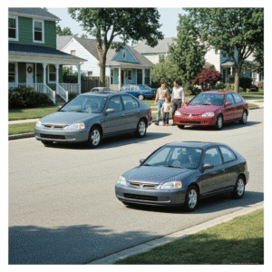 A nostalgic photo of a seventh-generation Honda Civic (2001-2006), in a bright family neighborhood, showing both sedan and hatchback versions, sunny weather, magazine editorial style